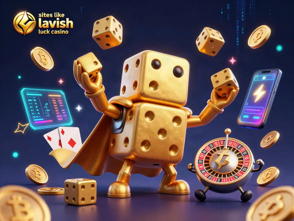 Win big with sites like Lavish Luck Casino featuring golden dice and vibrant gaming elements.