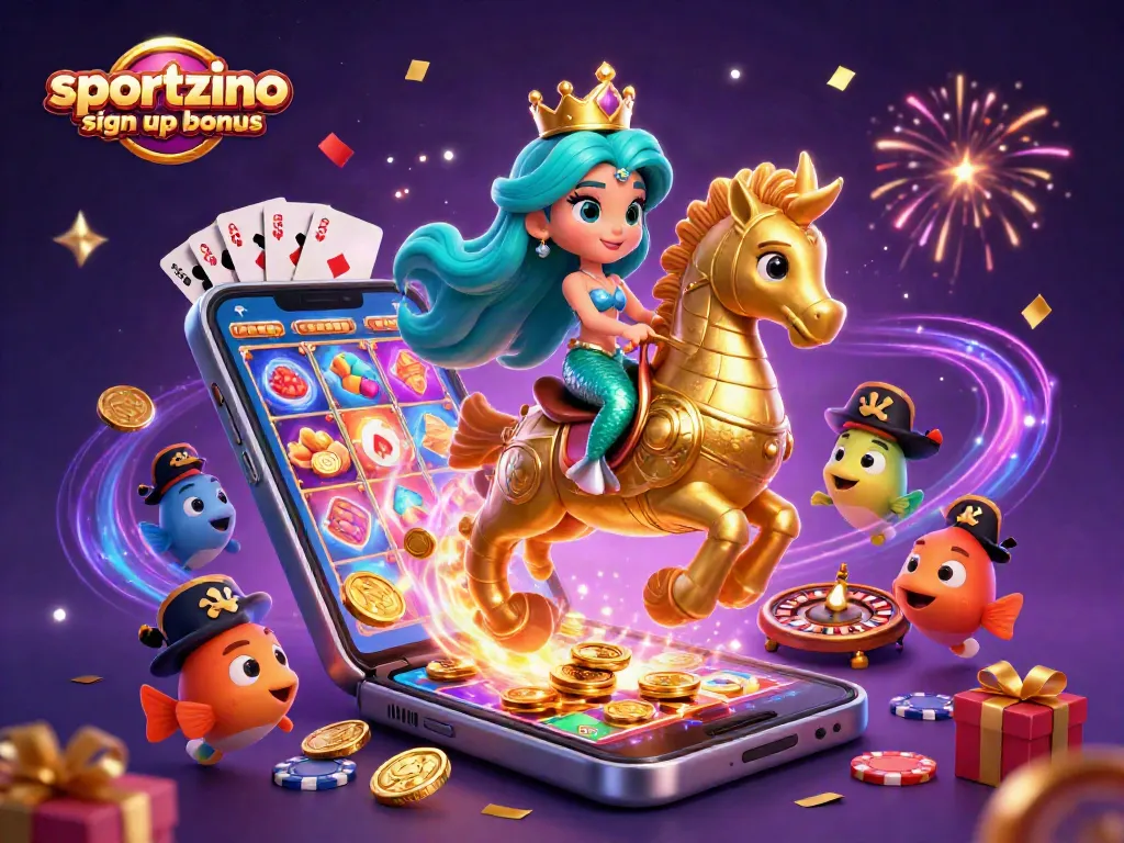 Experience the sportzino sign up bonus with an enchanting underwater casino adventure featuring vibrant characters and gaming elements.