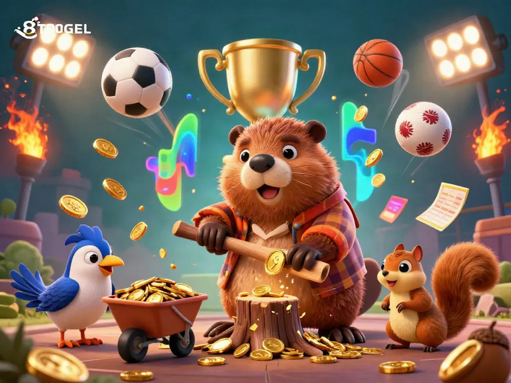 Experience the excitement of 8TOGEL with a vibrant illustration of gambling and gaming themes.