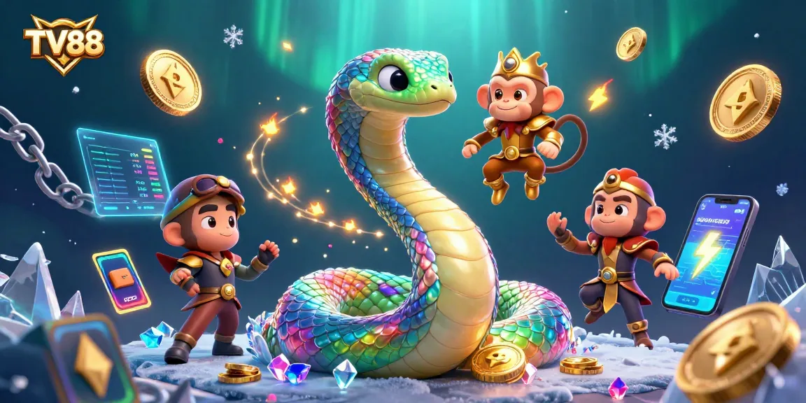 Experience exciting gaming at TV88 with a vibrant 3D scene showcasing a rainbow serpent and a monkey king.