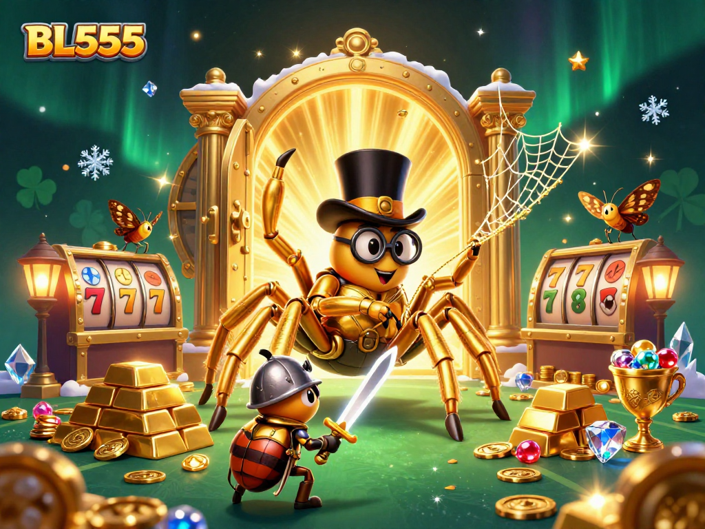 Experience the excitement at BL555 with a vivid 3D interactive casino scene featuring characters and gold elements.