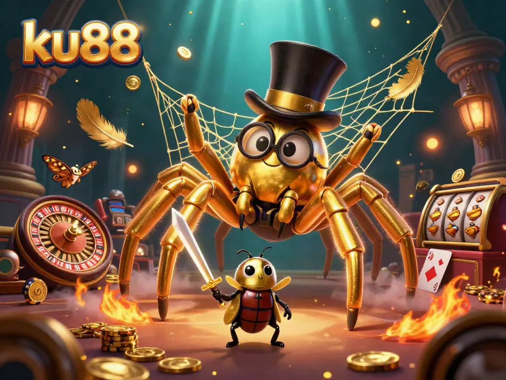 Engage with ku88's casino world as a golden tarantula weaves its web amid vibrant gaming elements.
