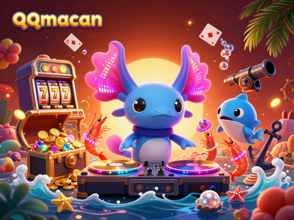 Join the qqmacan excitement as the axolotl DJ spins epic casino tunes with dancing shrimp!