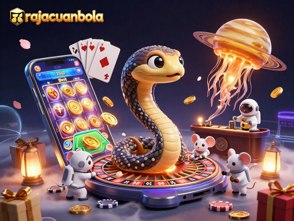 Engage in cosmic betting adventures with rajacuanbola's vibrant 3D illustration of a casino scene.