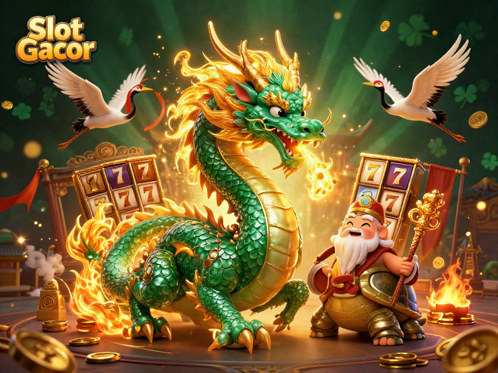 Spin the Slot Gacor reels with an ultra-detailed 3D illustration featuring an emerald dragon and lucky symbols.