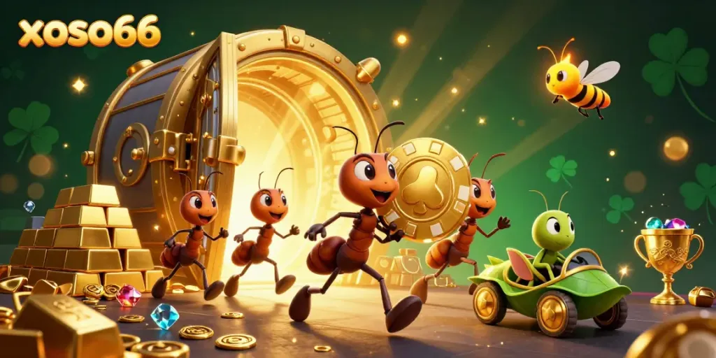 xoso66 ants on a heist, carting a large poker chip amidst treasure in a vibrant casino scene.