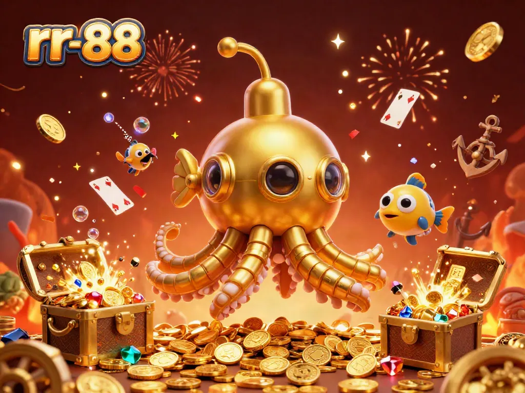 Experience thrilling gameplay at rr-88 with the golden kraken submarine amidst floating treasure and festive decorations.