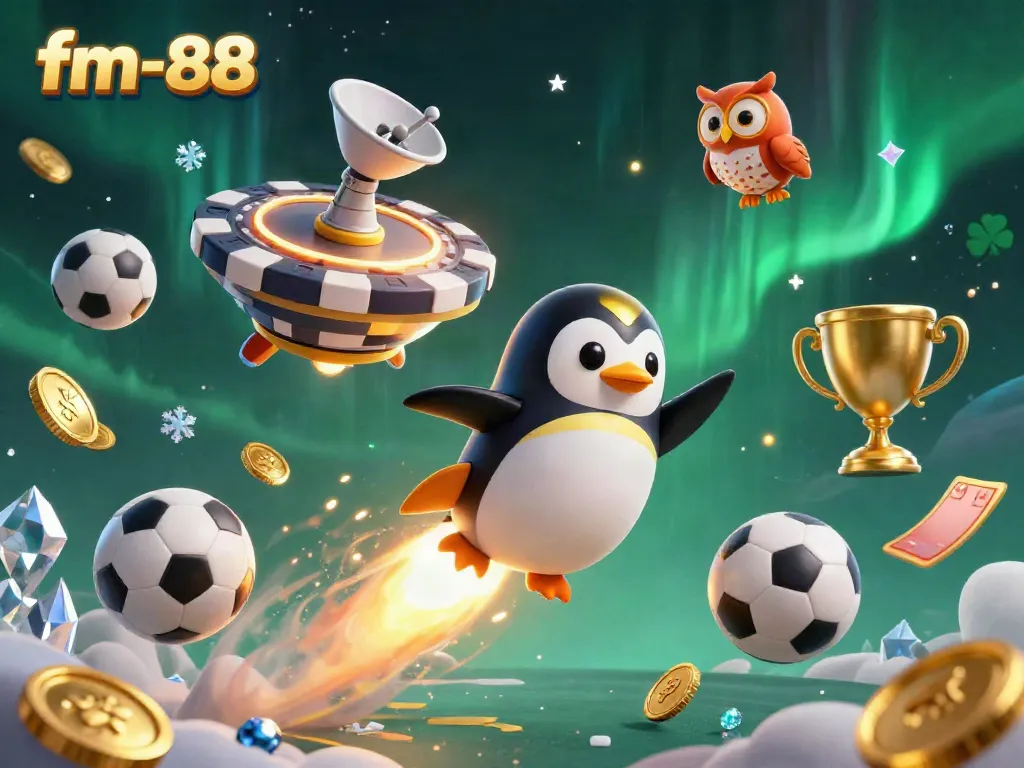 Experience the thrilling universe of fm-88 with a dynamic 3D penguin and casino elements.