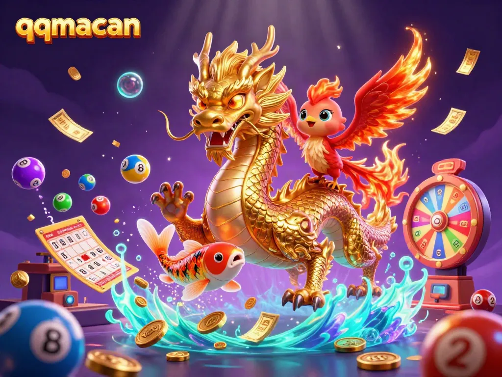 Engage with qqmacan's thrilling gaming experience through vibrant dragons, phoenix, and lucky koi in an enchanting scene.