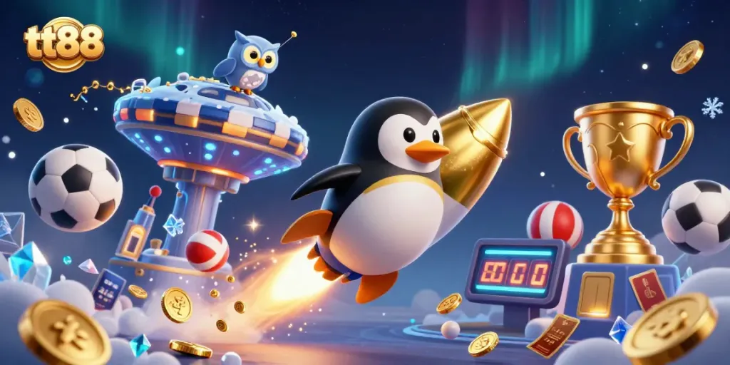Win big with tt88's vibrant casino adventure featuring a dynamic penguin spaceship.