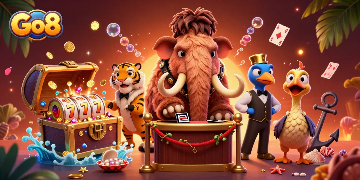 Betting with Go8 in a vibrant casino scene featuring a woolly mammoth bouncer and VIPs.