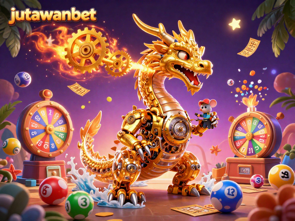 Engage with the exciting Jutawanbet experience through our vibrant gaming scene featuring a golden dragon, bingo cards, and lottery balls.