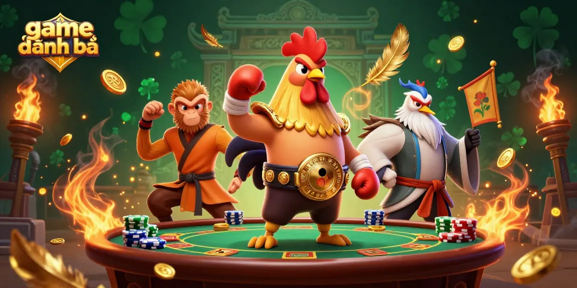 Engage in thrilling game đánh bài with a dynamic scene featuring a fierce rooster, monkey martial artist, and wise crane surrounded by vibrant casino elements.