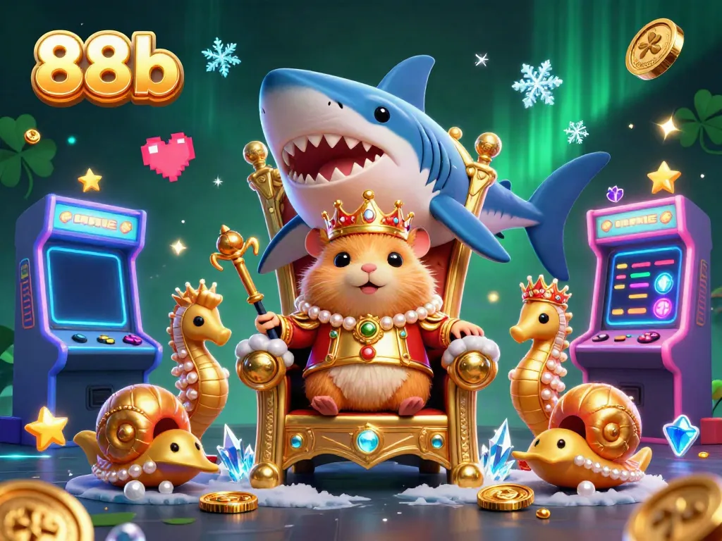 Immerse in the vibrant 88b casino world featuring a fierce hamster king surrounded by arcade games and royal sea creatures.