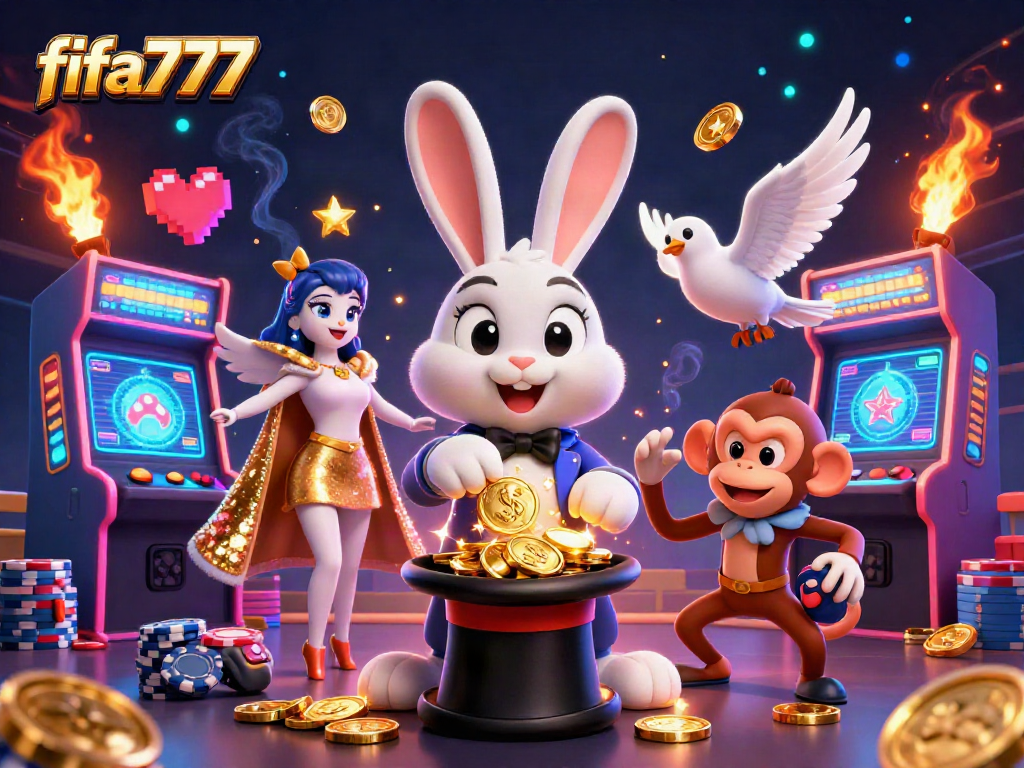 Experience thrilling action with fifa777 as a magician rabbit conjures coins amid a lively casino scene.