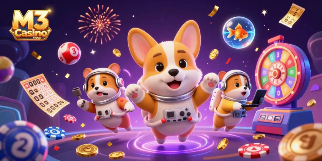 Experience the excitement of M3 Casino Today with a floating 3D illustration of a corgi, hamster, and goldfish in a vibrant casino scene.