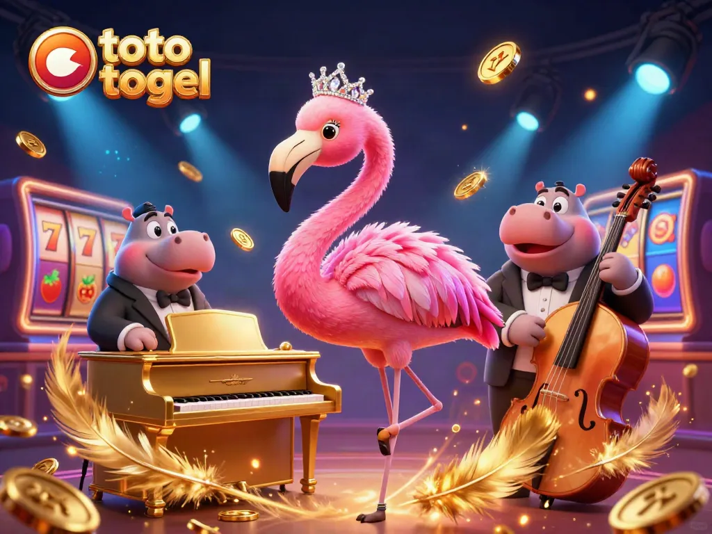 Ilustrasi tentang toto togel dengan penyanyi flamingo dan pemusik hippo di kasino.