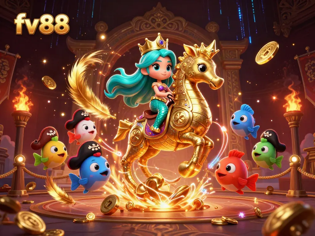 Experience thrilling gaming with fv 88, featuring a vibrant scene with a mermaid princess and a giant seahorse.