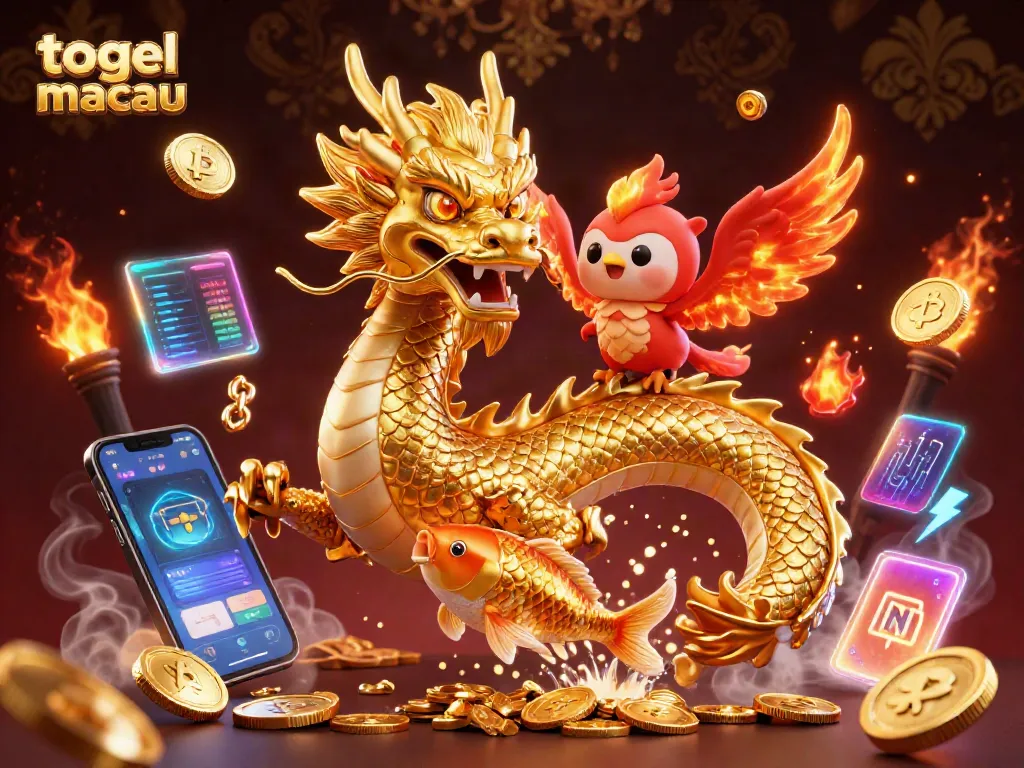 Experience togel macau in a vibrant 3D illustration featuring a dragon, phoenix, and koi fish.