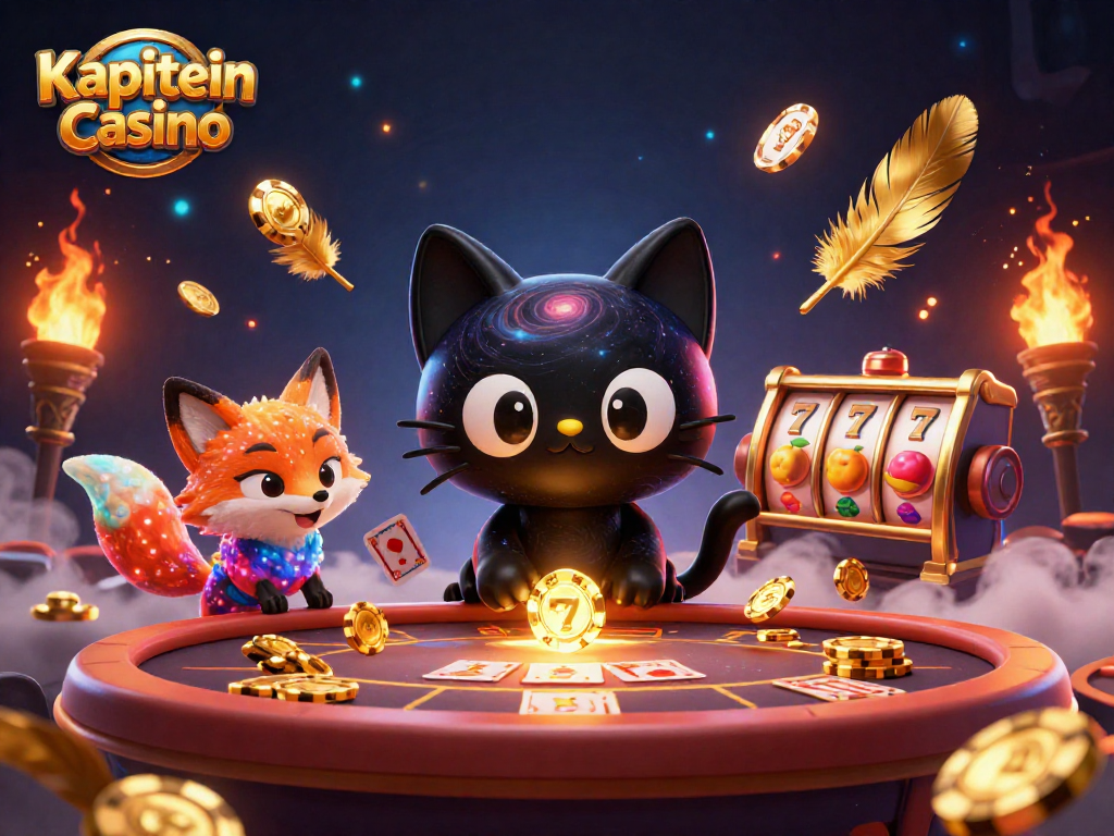 Kapteins Casino menang dengan slot berbuah dan chip emas di panggung kosmik.