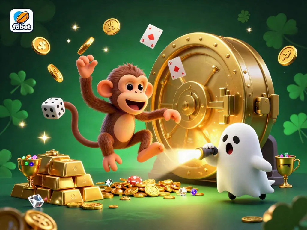 Experience fabet's thrilling gambling atmosphere with a poltergeist monkey and ghost-hunter puppy in a vibrant casino scene.