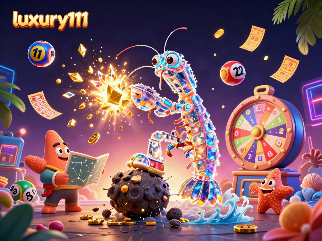Engage with luxury111 in a dynamic 3D casino scene filled with vibrant lottery elements and colorful characters.