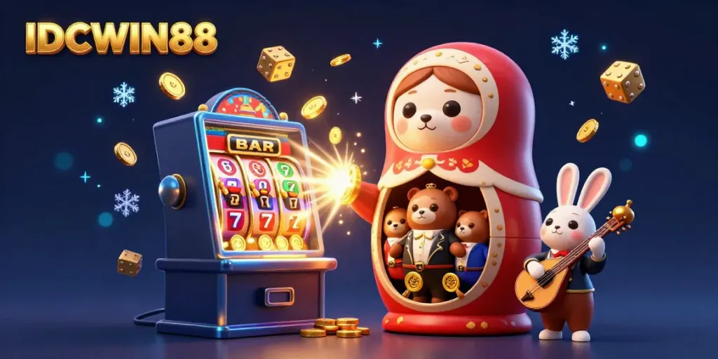 Experience the excitement with IDCWIN88's vibrant 3D casino illustration featuring bears and a rabbit amid dazzling slot elements.