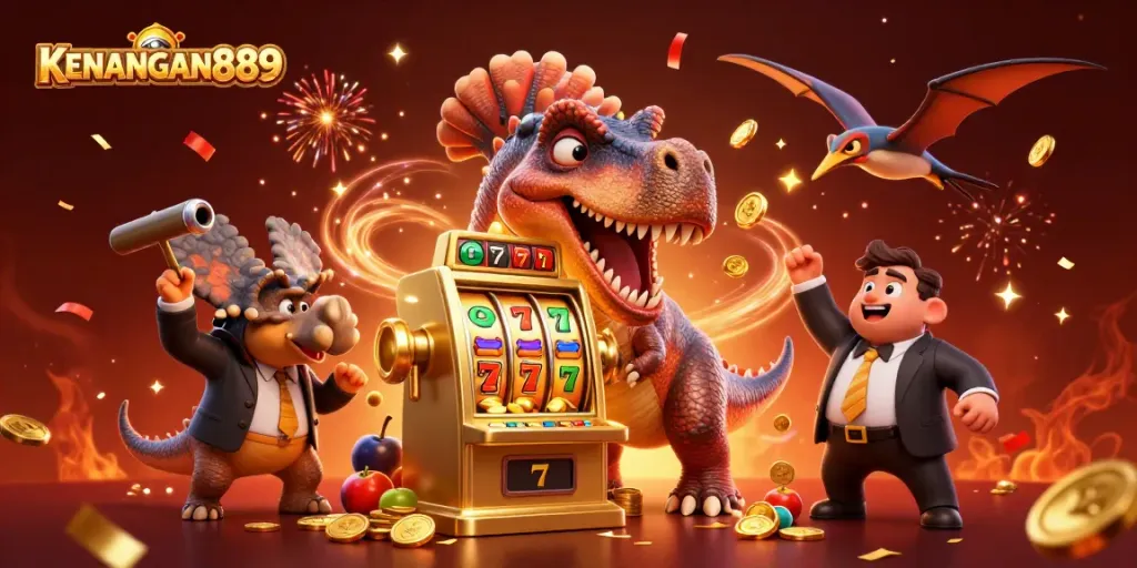 KENANGAN889 showcases a pachycephalosaurus triggering jackpot coins from a slot machine in a vibrant casino scene