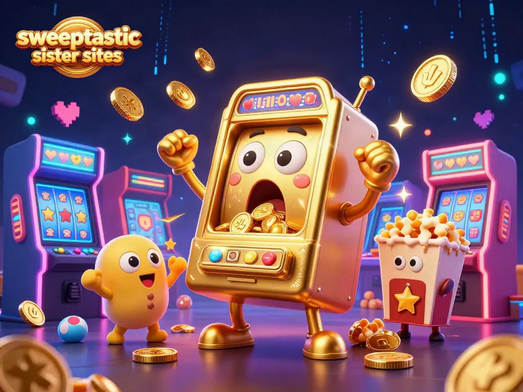 Sweeptastic sister sites illustrated with a joyful golden slot machine hitting a jackpot amidst vibrant gaming elements.