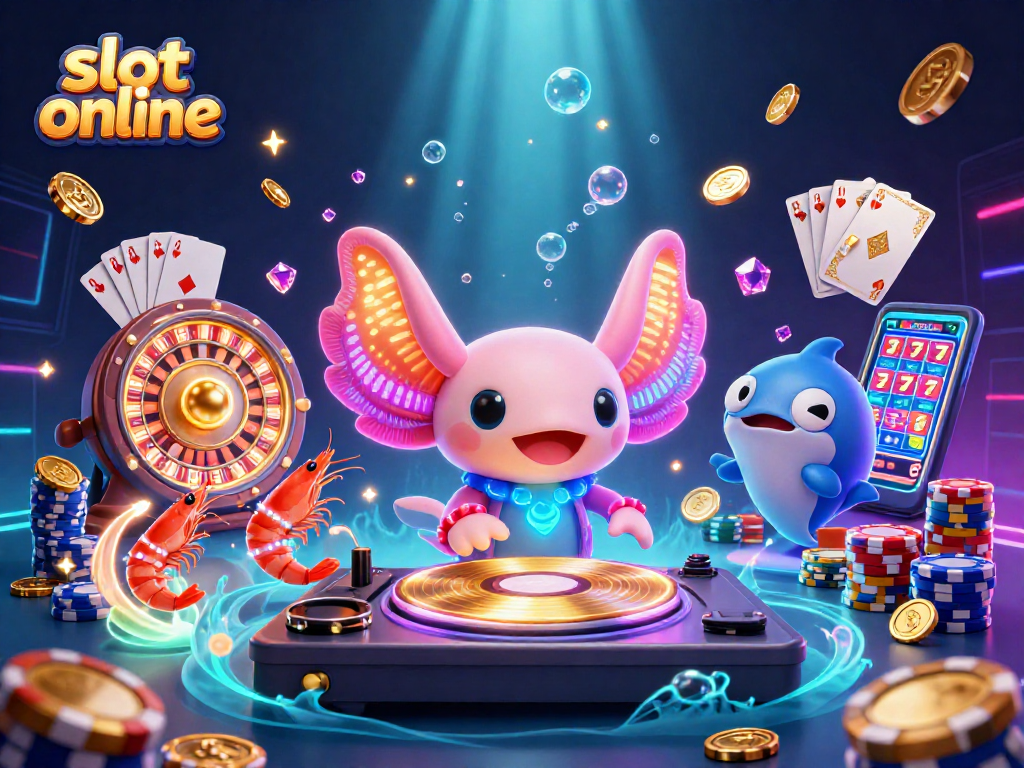 Permainan slot online menampilkan DJ axolotl yang berwarna neon dan karakter laut yang menari di bawah laut.