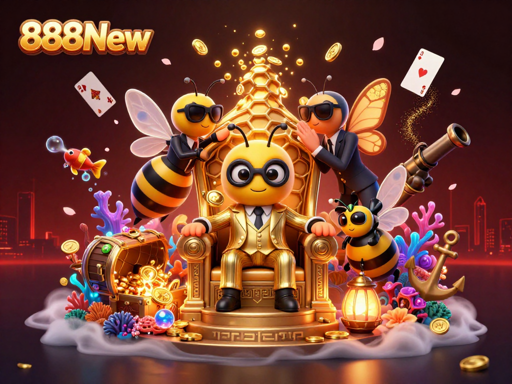 Experience the thrilling world of 888New with a vibrant 3D casino scene full of treasures and excitement.