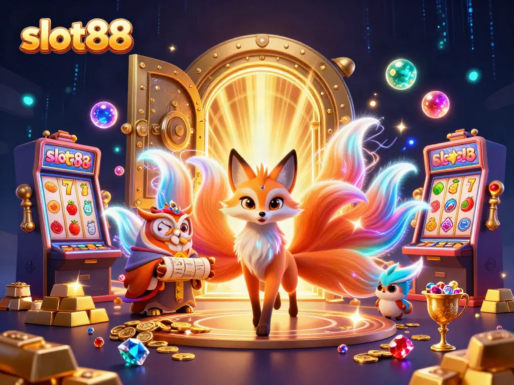 Engage with the vibrant slot88 scene featuring a magical fox and owl among rich casino treasures.
