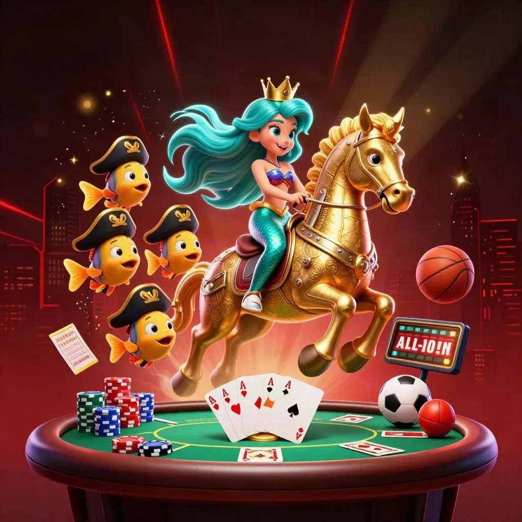 Mermaid princess on armored seahorse amid poker chips, aces, sports gear, and a glowing scoreboard.
