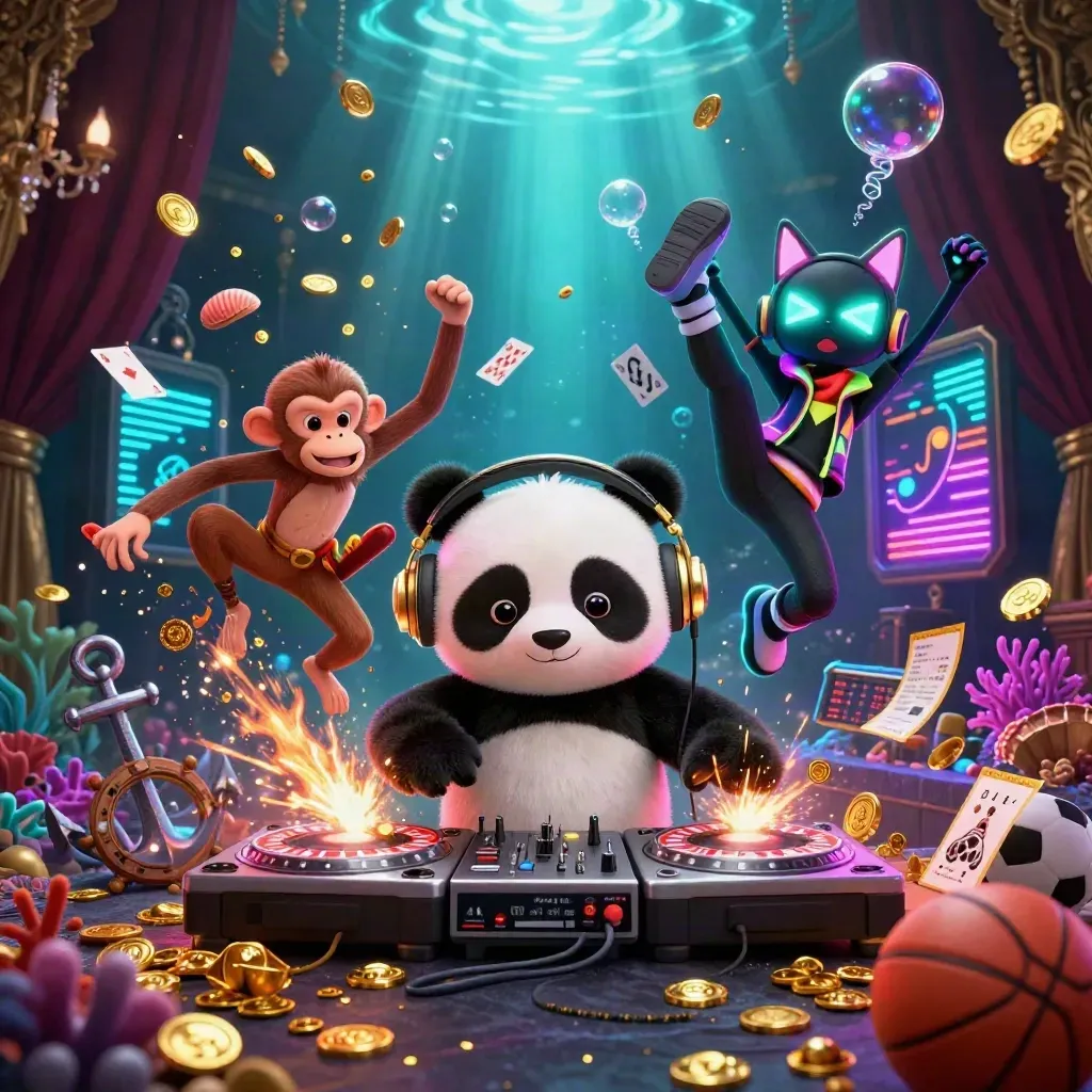 Panda DJ, dancing monkey, and rave kitten amid treasure, bubbles, and neon casino glow