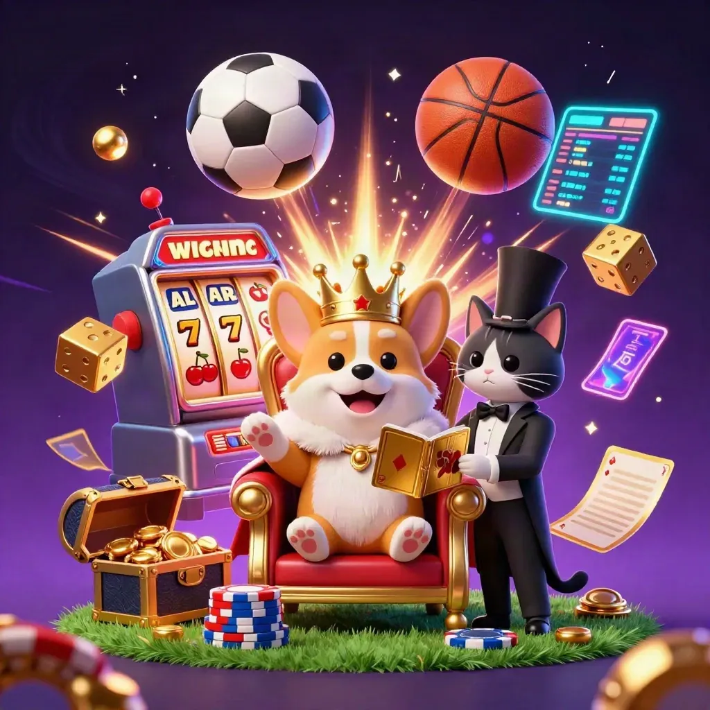 Crowned corgi and cat butler amid exploding casino symbols and sports balls.