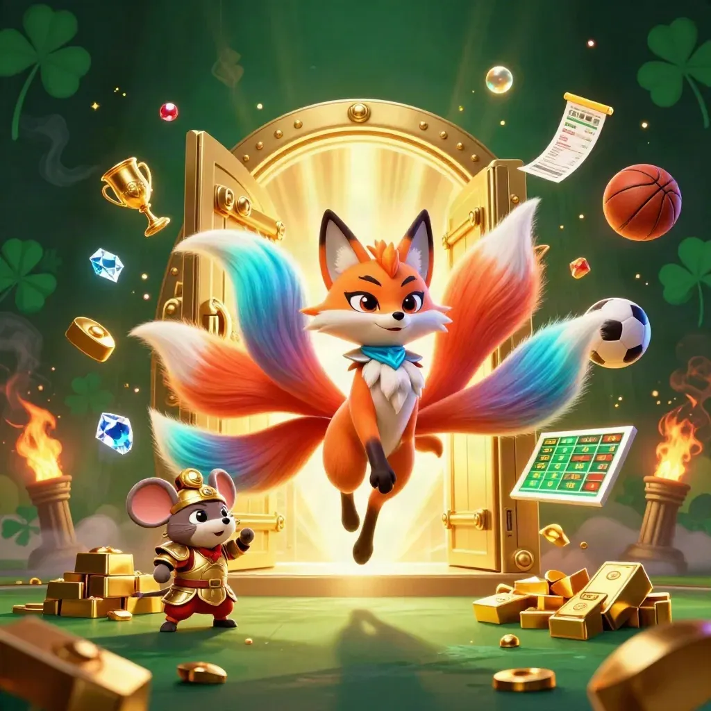 Neon fox spirit and golden mouse exploding from an open treasure vault amid casino lights.