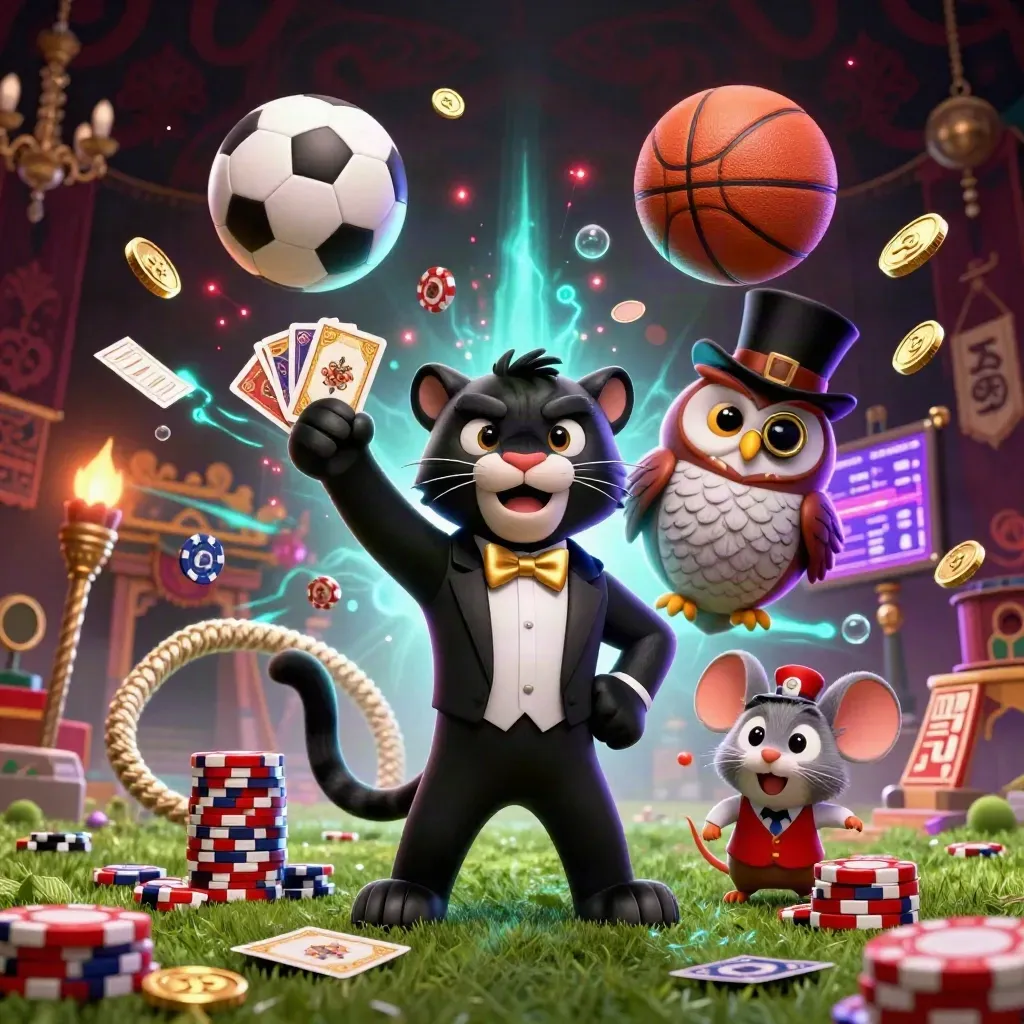Panther, owl, and mouse amid flying cards, chips, and balls in neon casino chaos