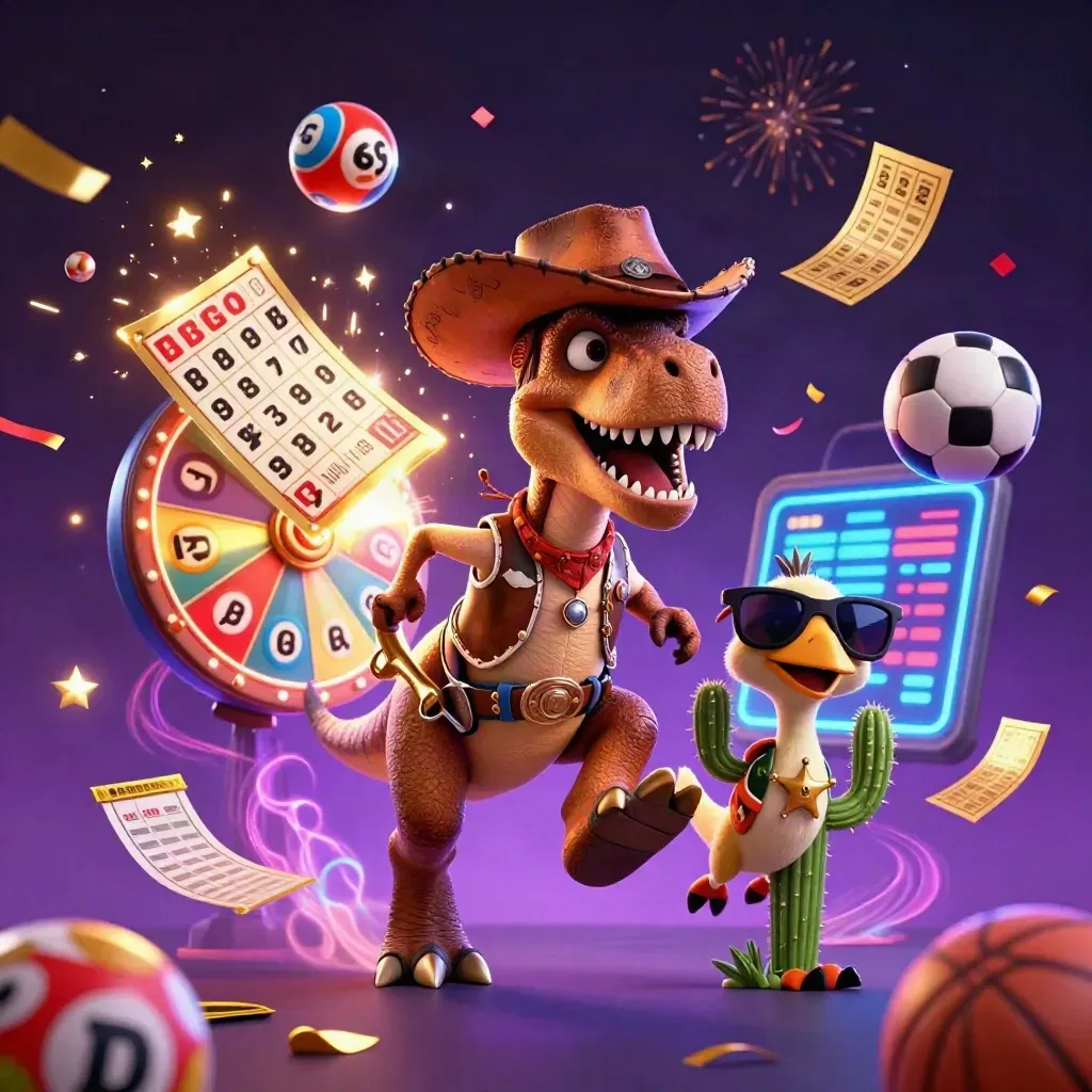 Cowboy T-Rex, cactus, and roadrunner burst through casino props in neon light.