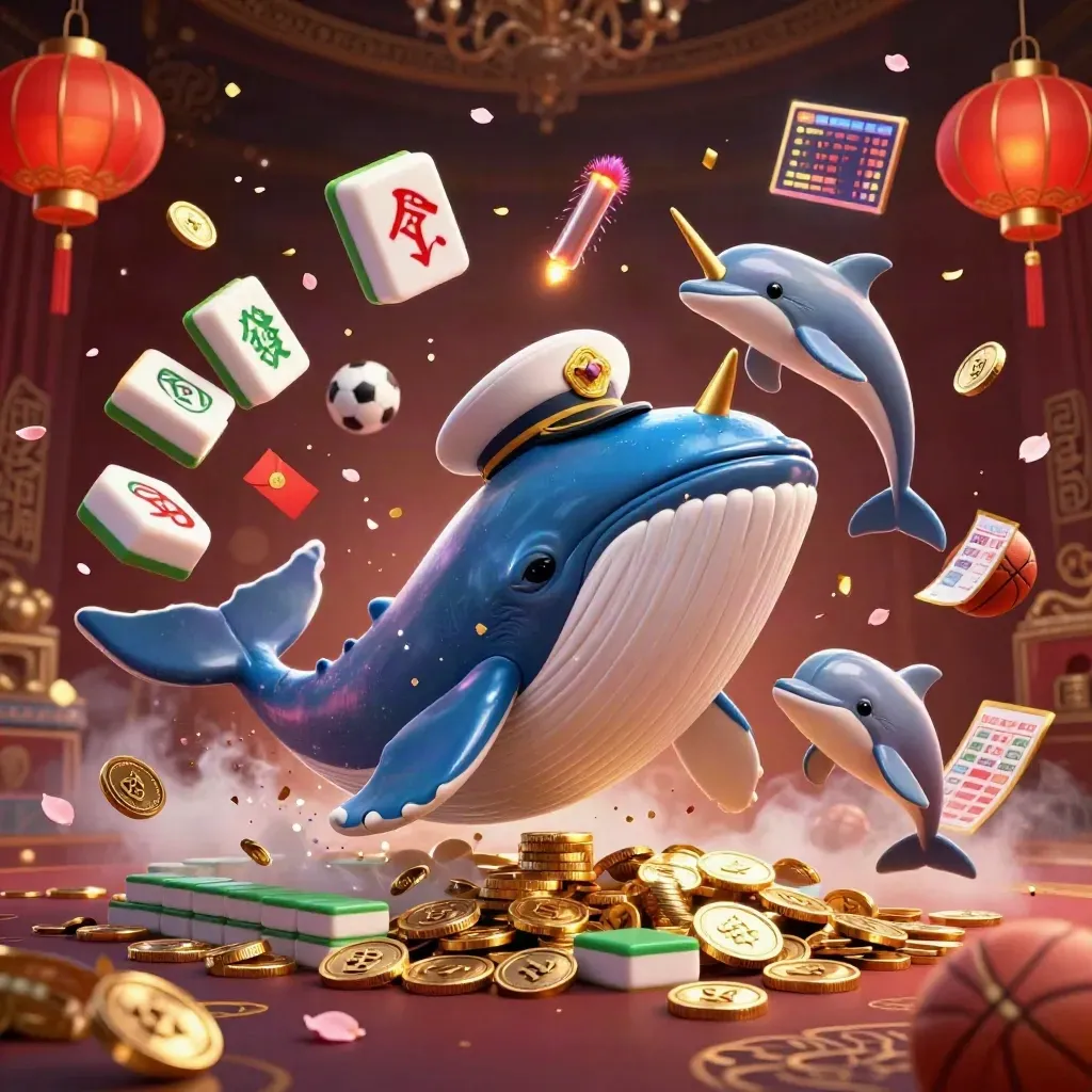 Whale captain, narwhal, and dolphins burst through coins with neon casino lights.