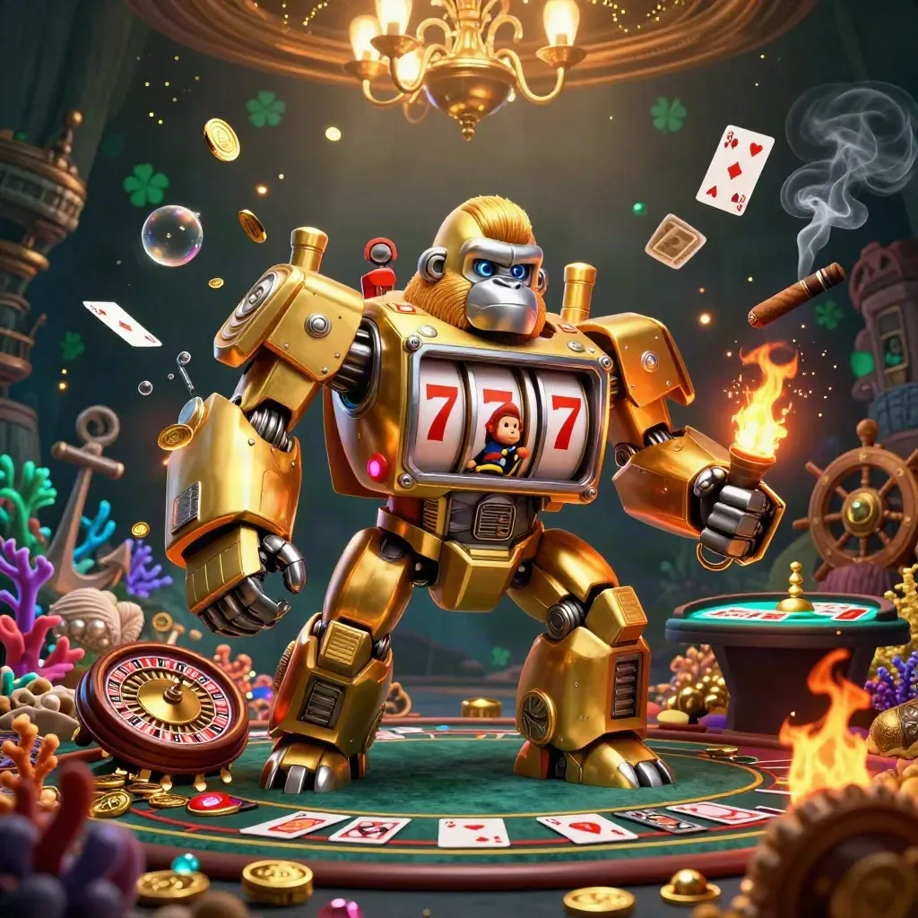 Golden gorilla slot-mech with monkey pilot in an underwater casino treasure cove