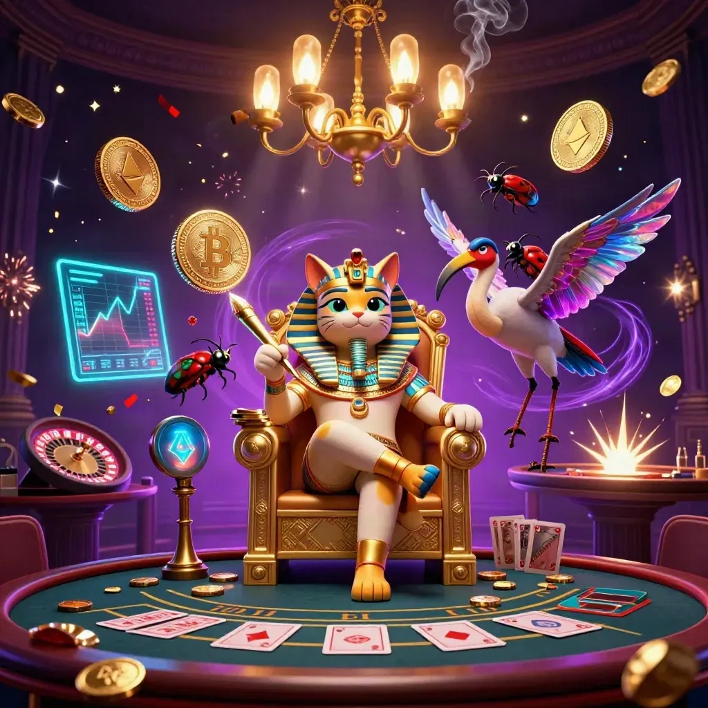 Pharaoh cat, ibis scribe, and gem-winged scarabs in a neon casino throne room.