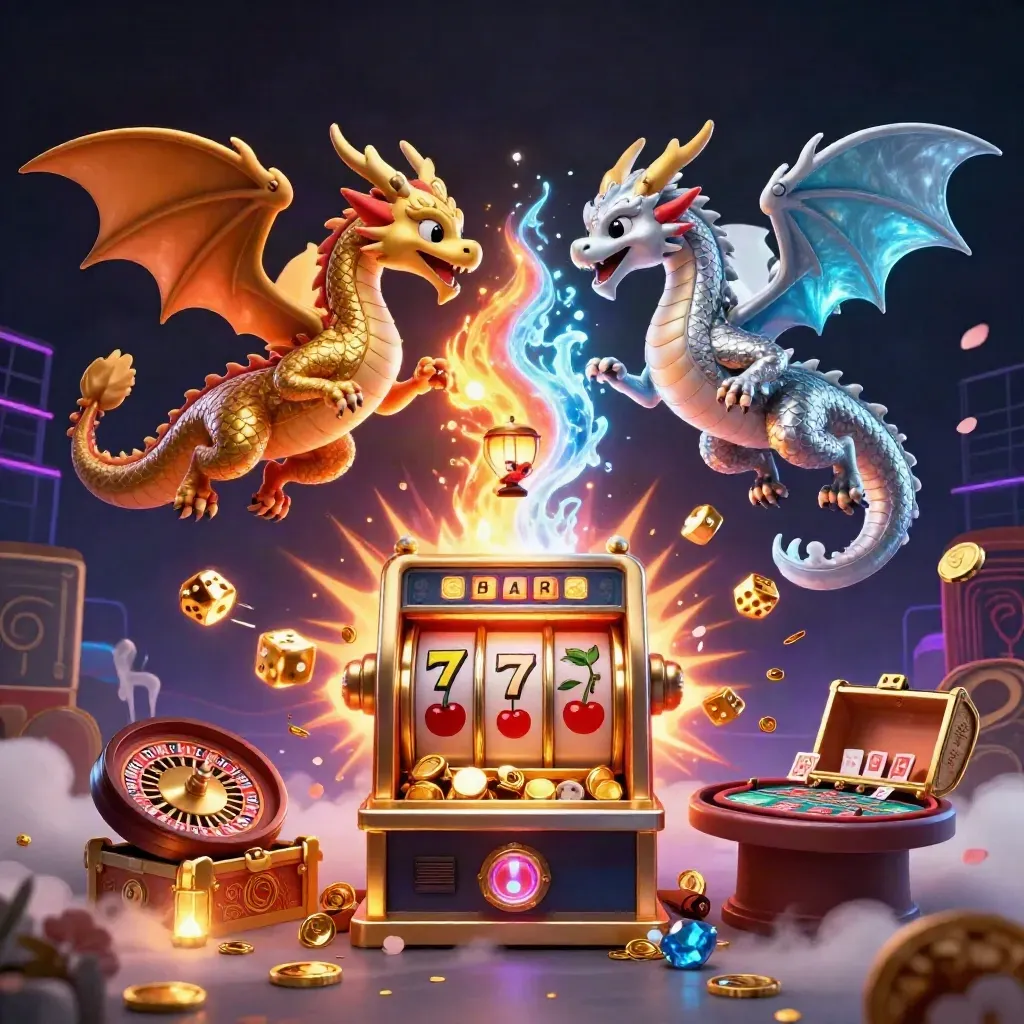 Gold and silver dragons spiral around a glowing slot machine, roulette wheel, and casino light.