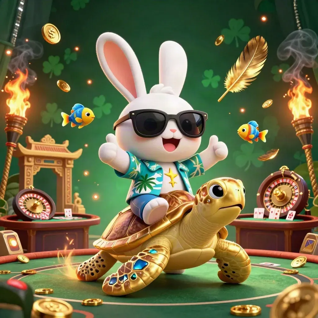 Lucky rabbit rides a gem-shell sea turtle in a glowing casino scene with fish and embers