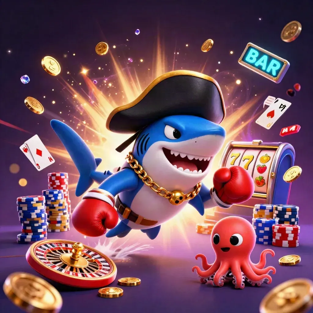Pirate shark, boxing pufferfish and coin-juggling baby octopus amid casino bursts.