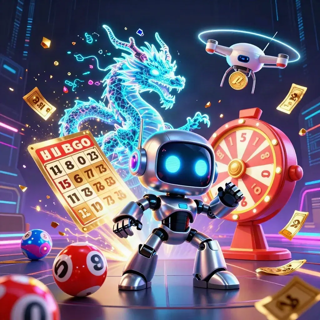 Cyberpunk robot, holographic dragon, and coin drone amid casino loot and cyan sparks.