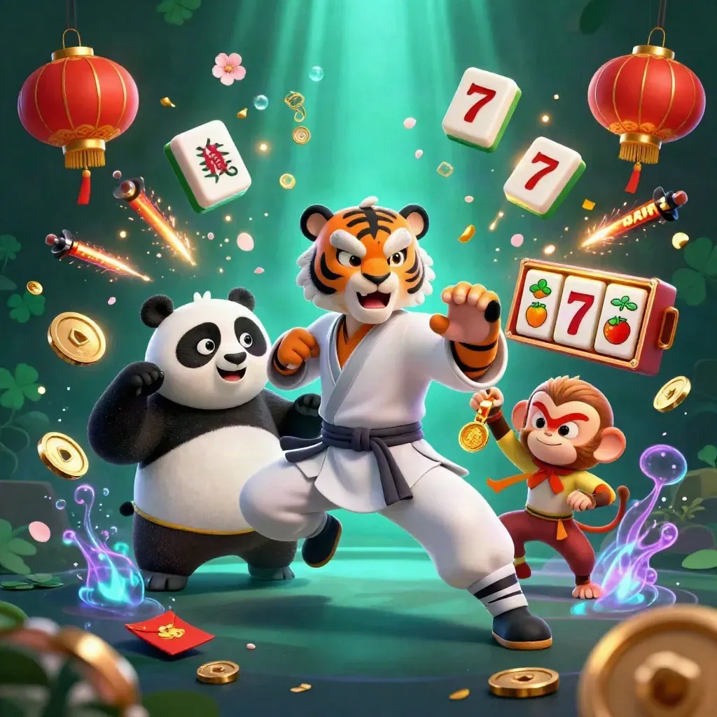 Kung-fu tiger, panda, and monkey amid exploding casino treasures and neon cyan effects