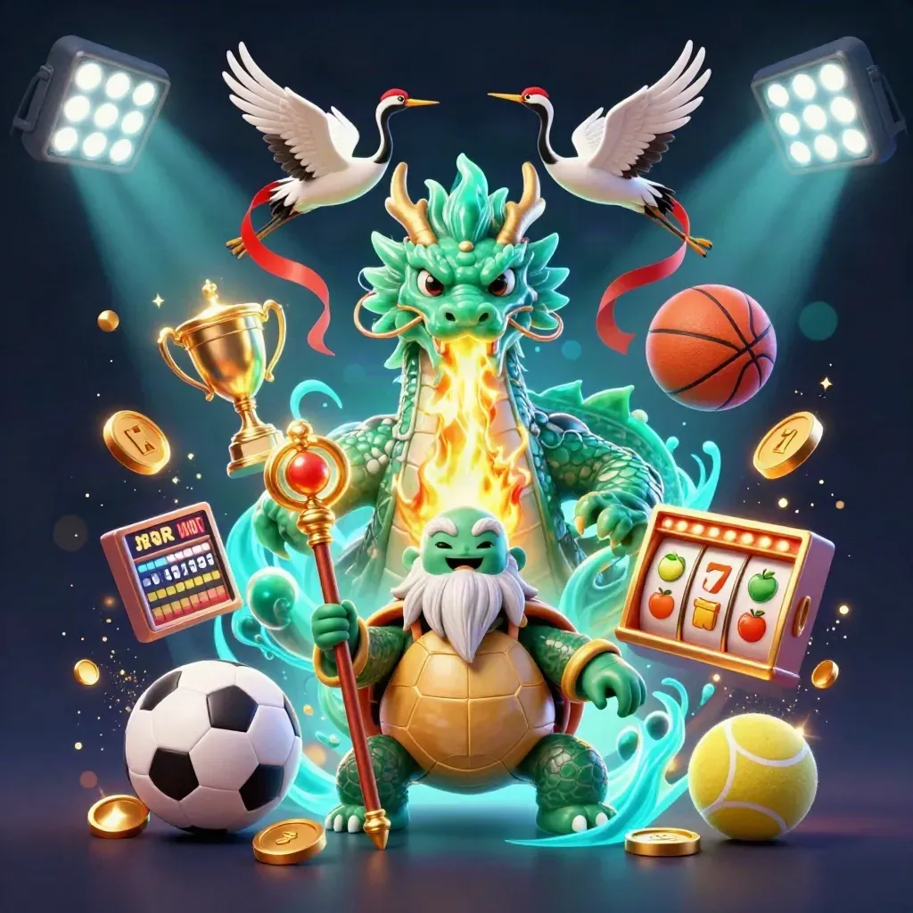 Jade dragon, turtle sage, and cranes burst through neon esports treasure with balls, coins, and trophy