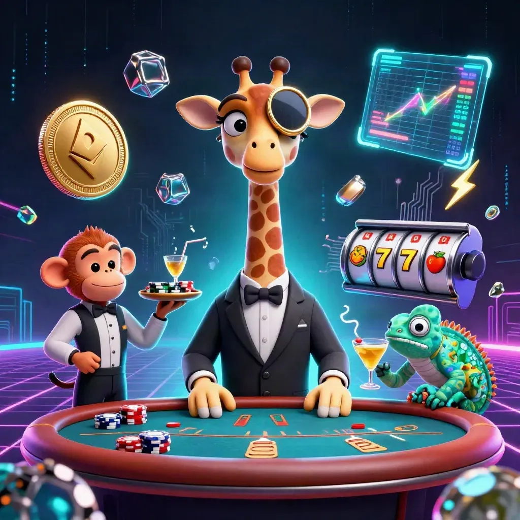 Giraffe, monkey, and chameleon at a neon poker table with crypto coins and slot bursts