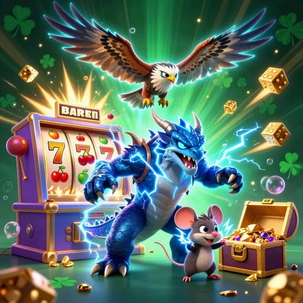 Thunder dragon, wind hawk, and thunder-mouse amid exploding slot machine treasure and neon energy.