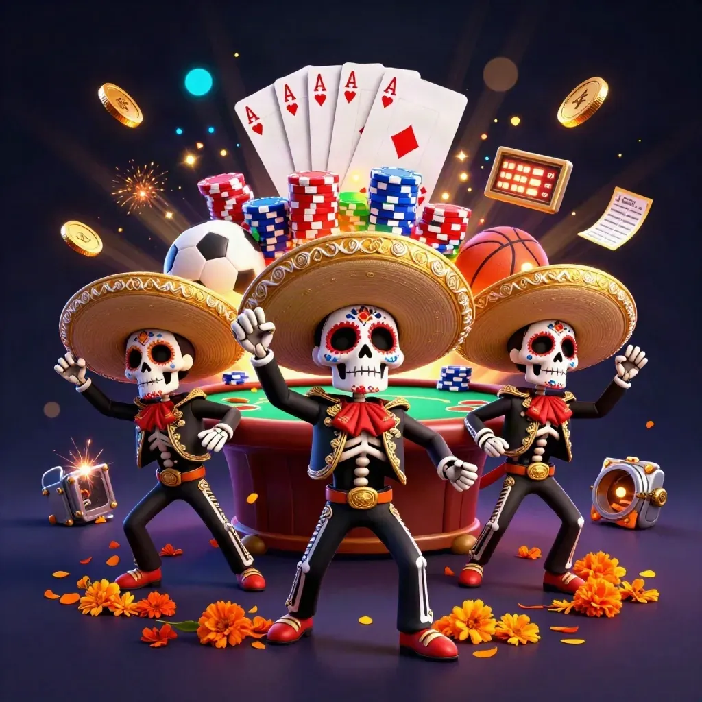 Skeleton mariachi trio amid casino chips, cards, coins, fireworks and neon cyan glow.